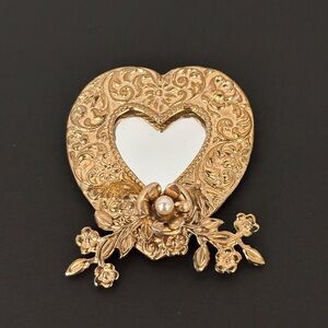 Ornate Gold Heart Mirror Brooch with Floral Accents